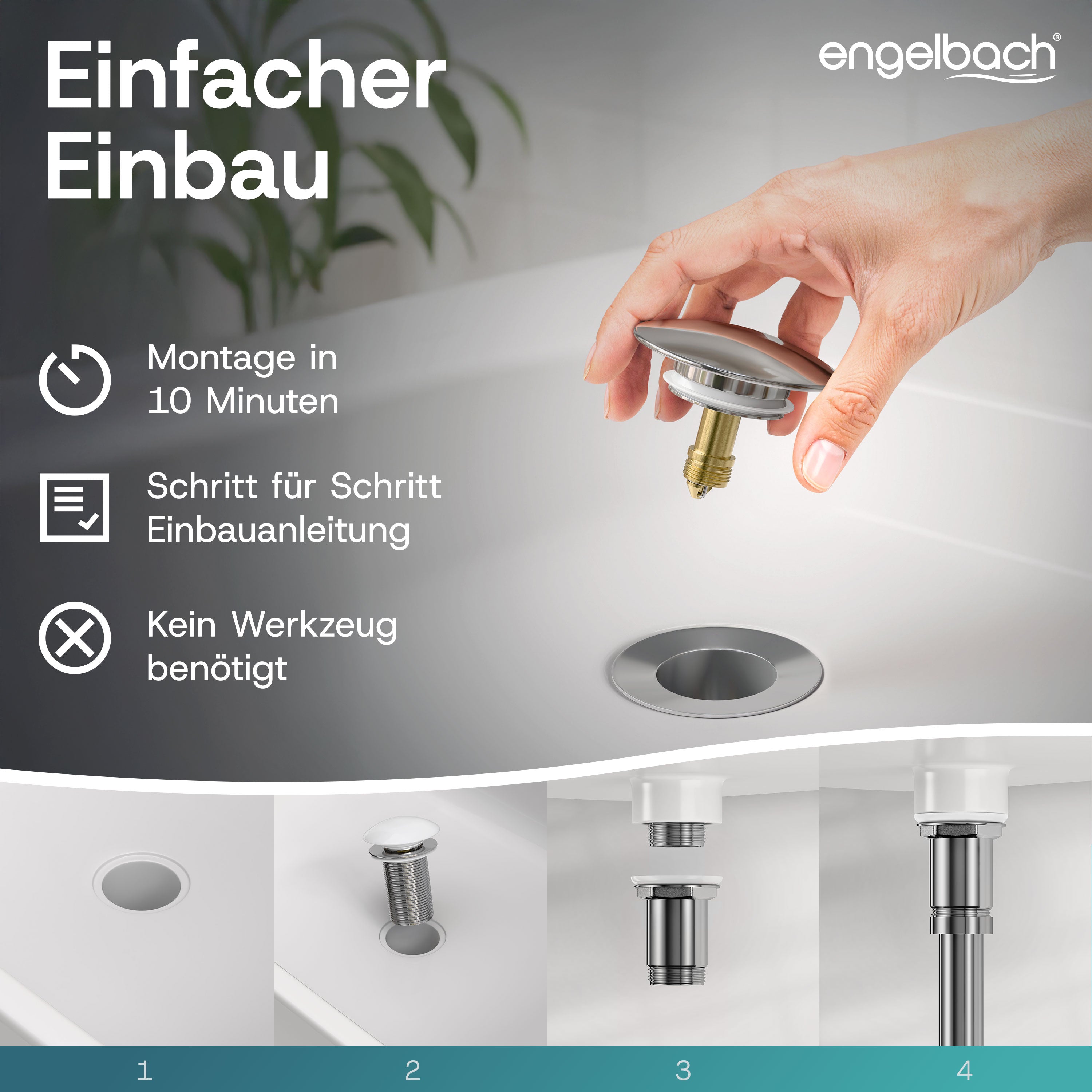 Platzsparende Pop-Up Ablaufgarnitur - Mit Überlauf, Inkl. 4 Dichtungen