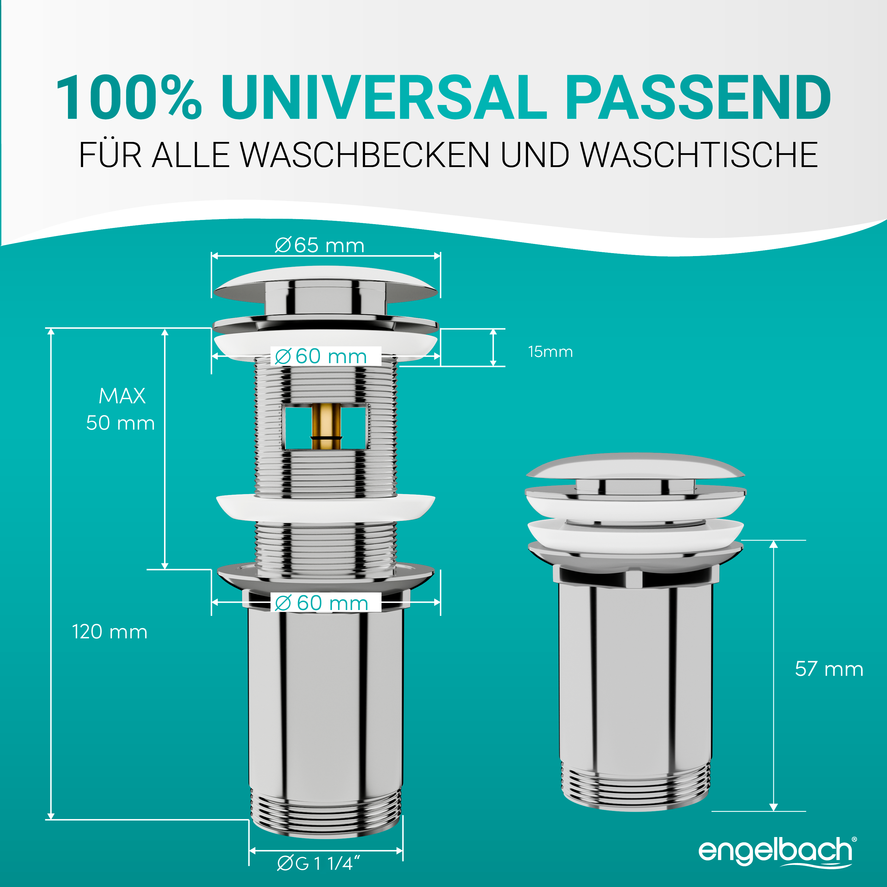 Ablaufgarnitur Pop-Up - 1 ¼" Einbaumaß, inkl. 4 Dichtungen
