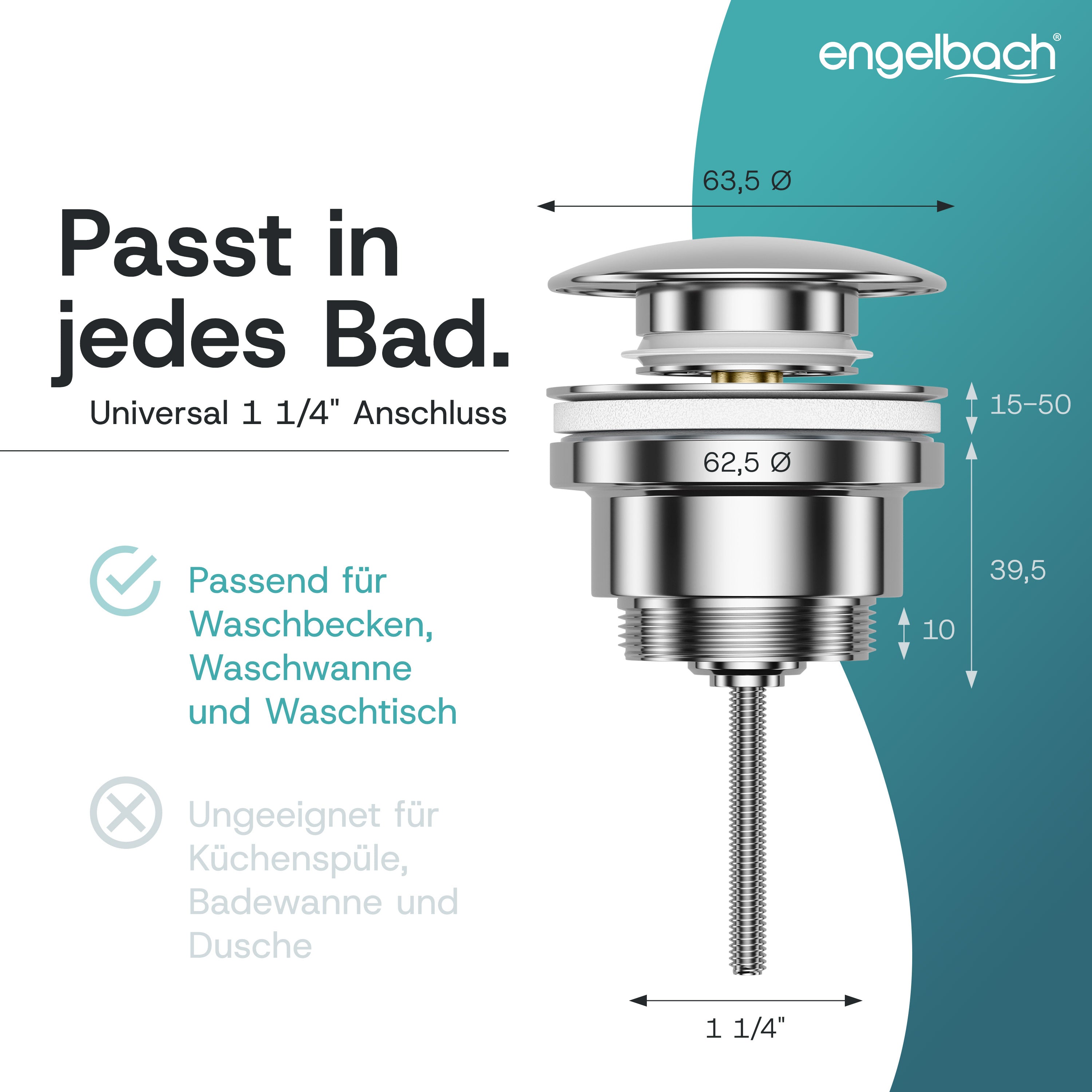 Platzsparende Pop-Up Ablaufgarnitur - Mit Überlauf, Inkl. 4 Dichtungen