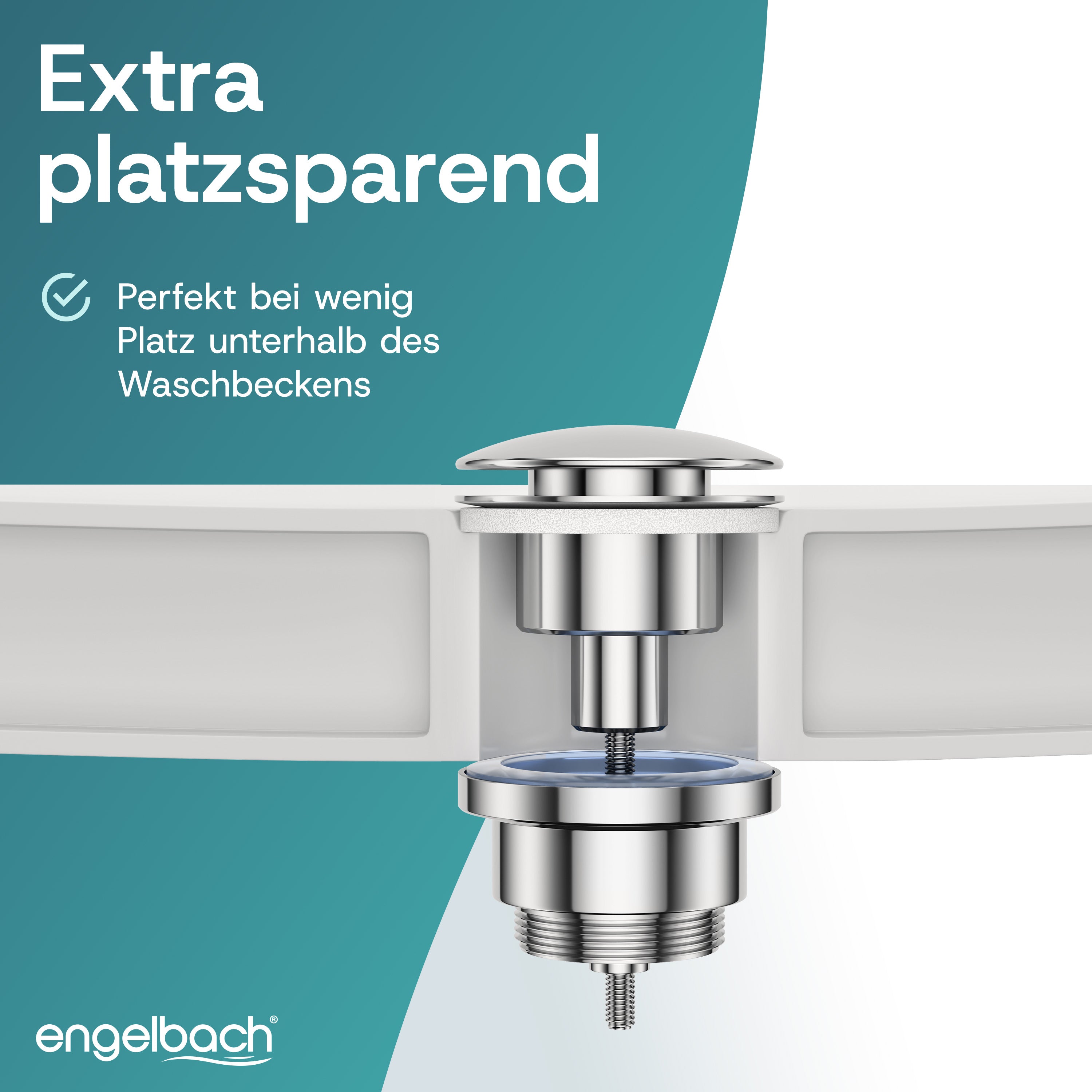 Platzsparende Pop-Up Ablaufgarnitur - Mit Überlauf, Inkl. 4 Dichtungen