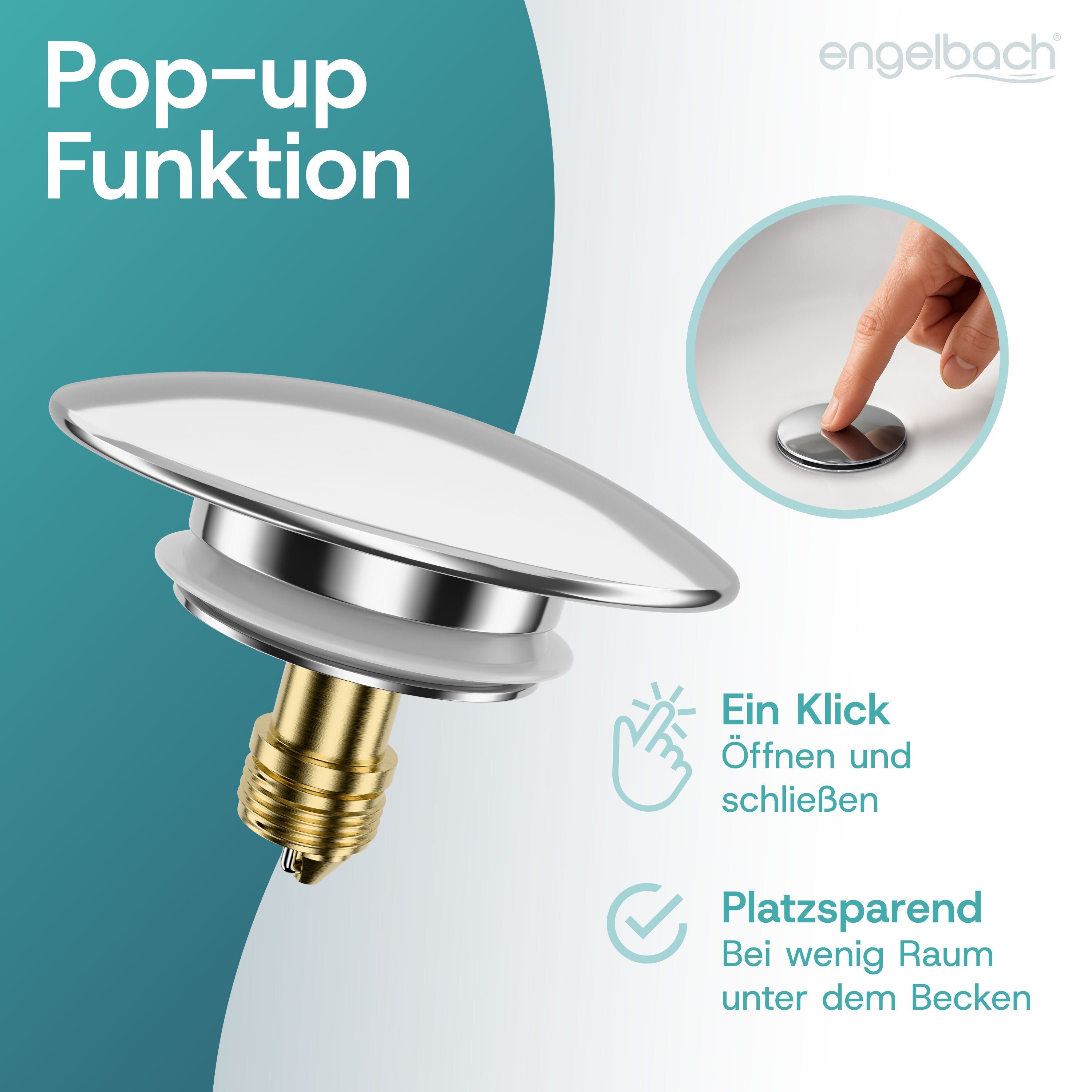 Platzsparende Pop-Up Ablaufgarnitur - Mit Überlauf, Inkl. 4 Dichtungen