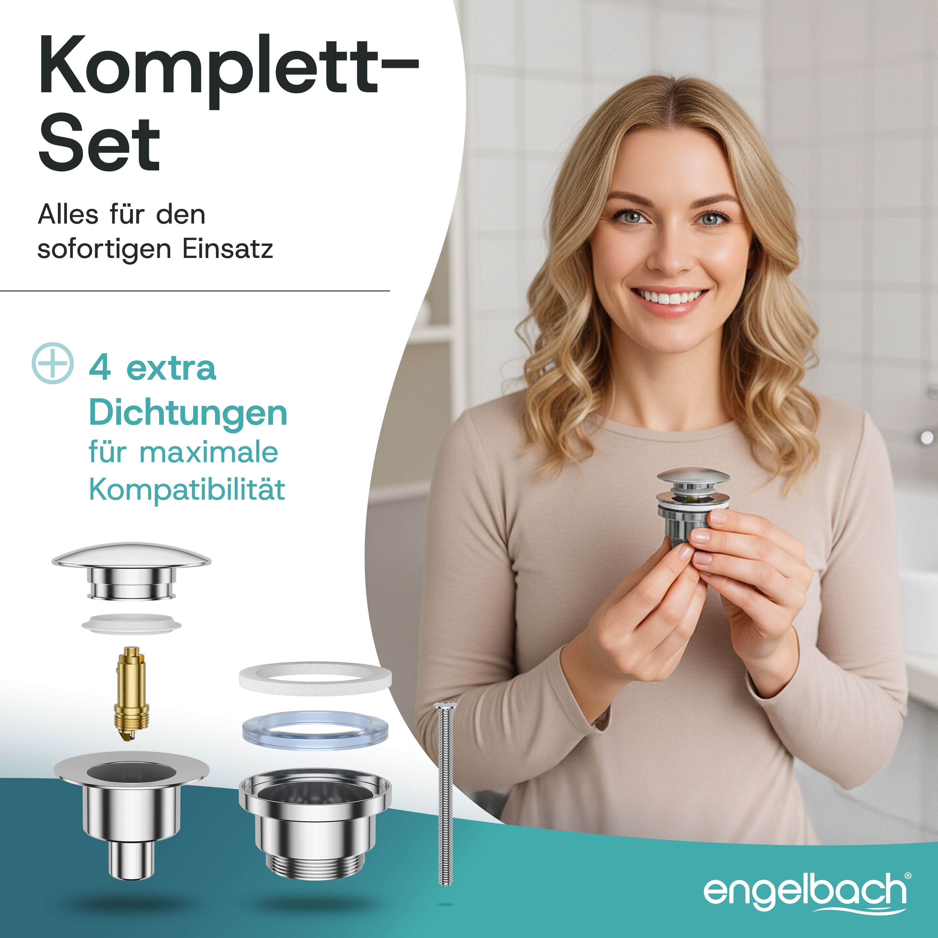 Platzsparende Pop-Up Ablaufgarnitur - Mit Überlauf, Inkl. 4 Dichtungen