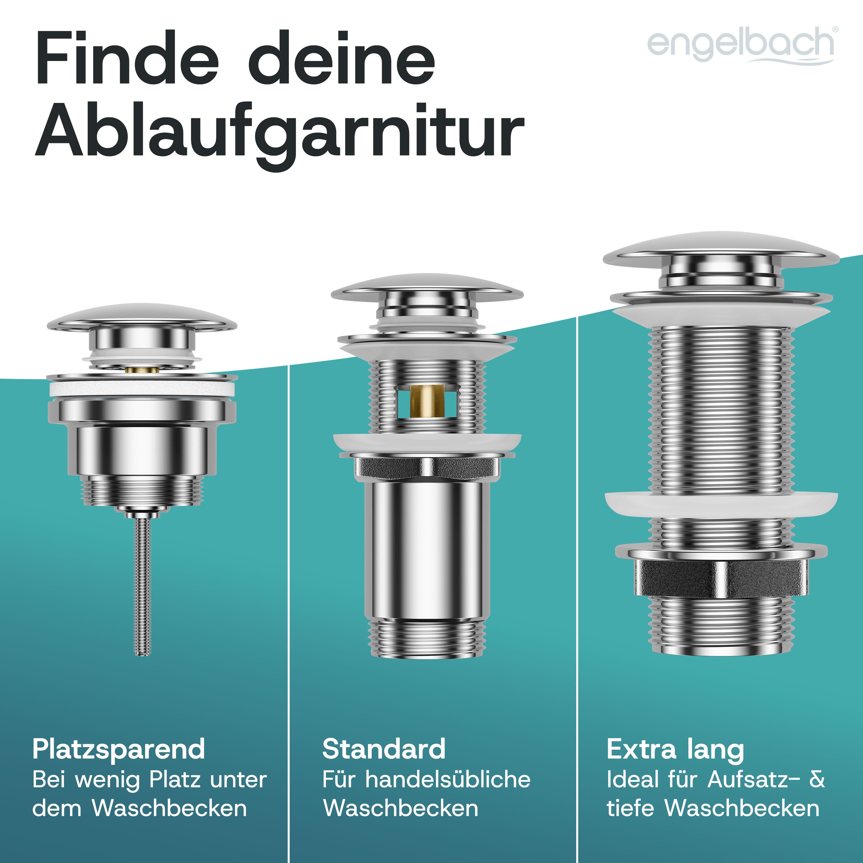 Platzsparende Pop-Up Ablaufgarnitur - Mit Überlauf, Inkl. 4 Dichtungen